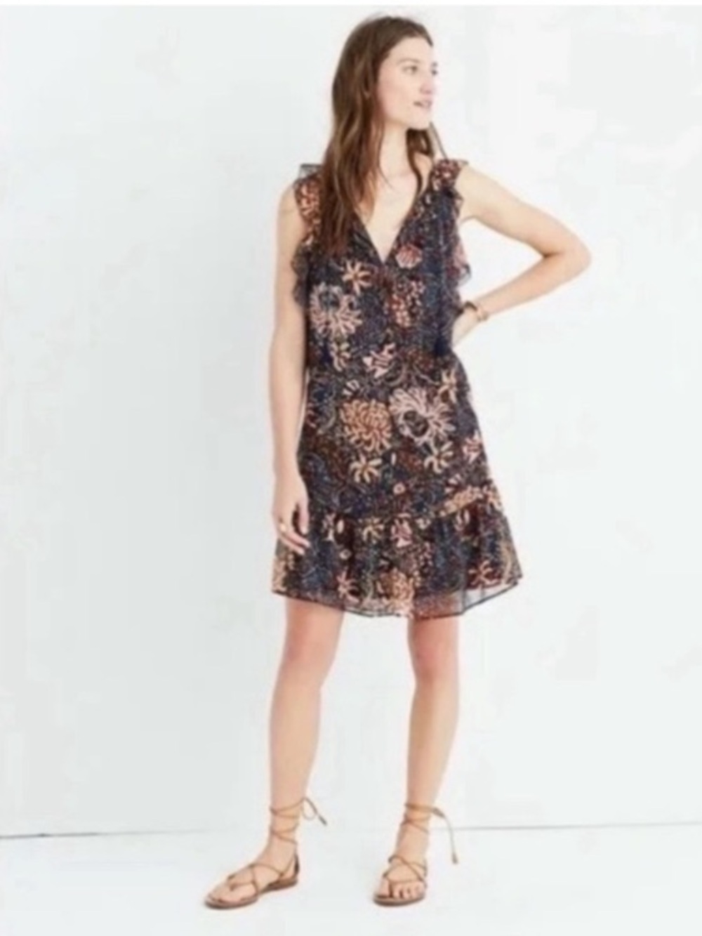 Madewell Lily Ruffle Sea Floral Navy & Pink Dress size Small